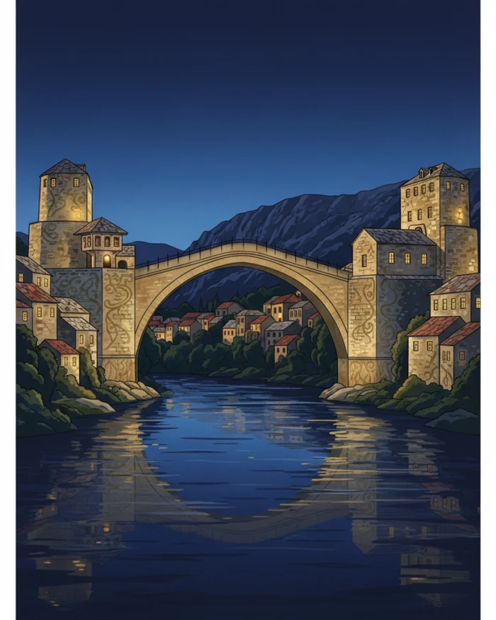 Mostar most noću, u zlatnom svetlu lampi