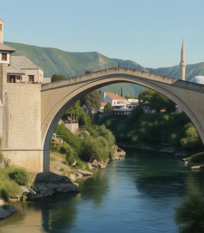 Stari most u jutarnjem svjetlu, naslikan naivno